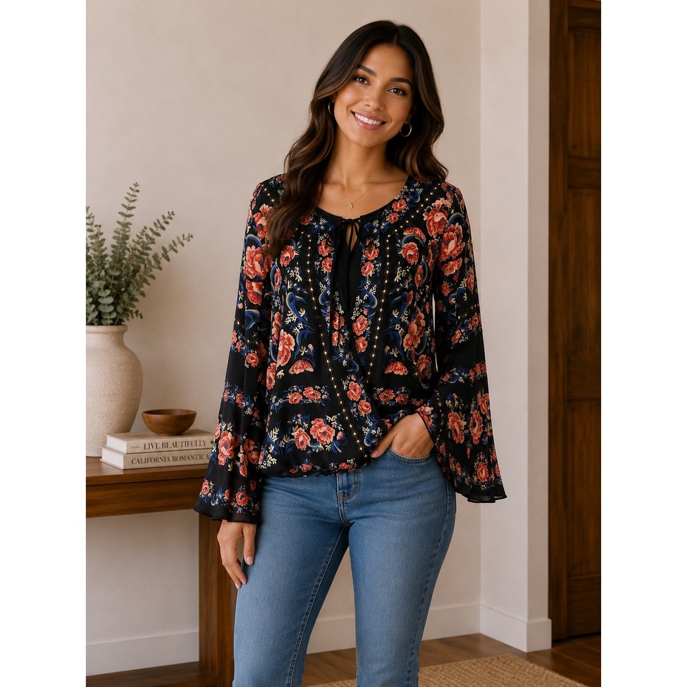 Fab'rik Womens Black Floral Bell Sleeve Tie Front Blouse JT5852 Large